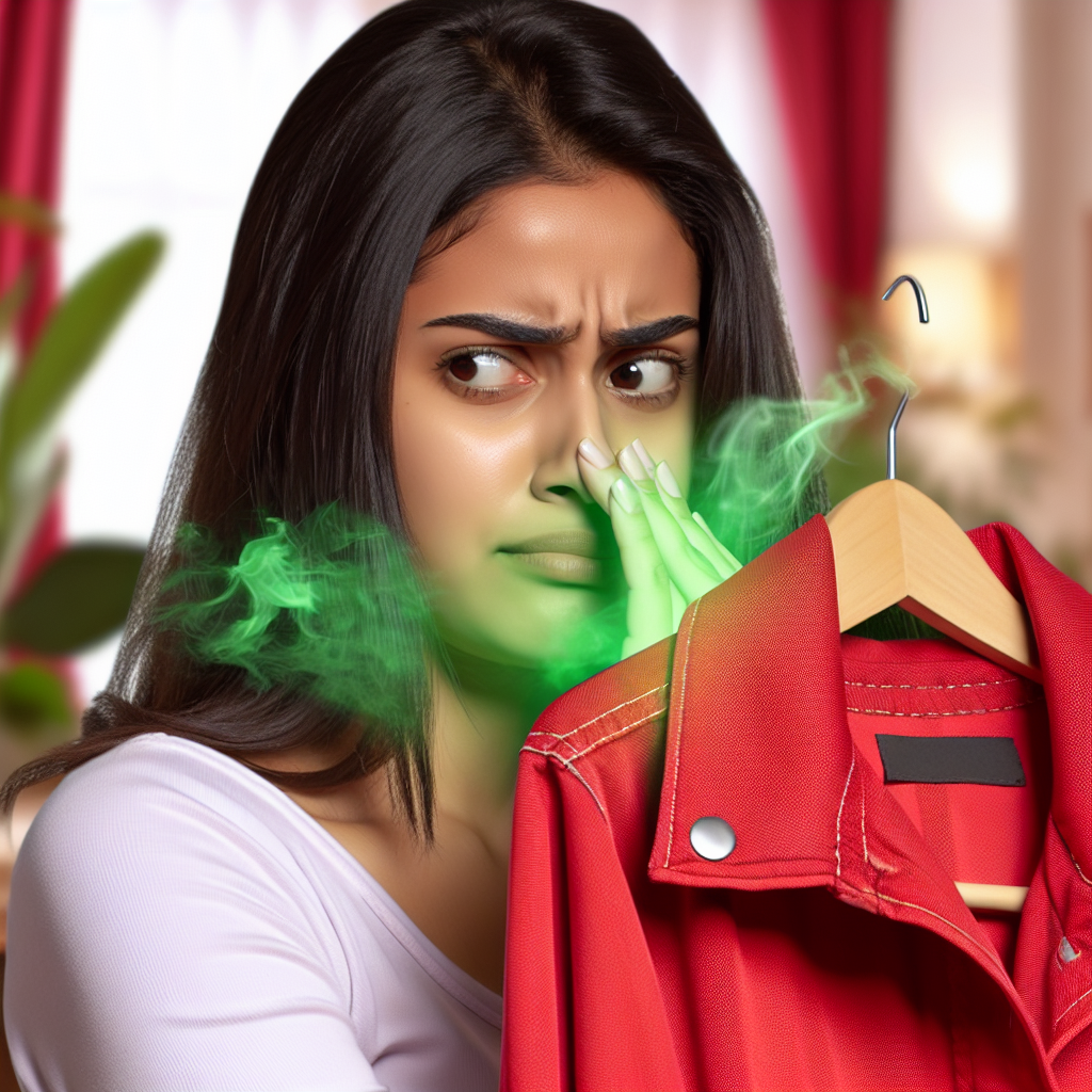 A person, looking slightly annoyed or displeased, holding a piece of clothing (like a sweater or jacket) up to their nose. The fabric appears to have a subtle, unpleasant aura, symbolizing the smoke smell. Soft, indoor lighting, realistic style, conveying a sense of common household struggle.