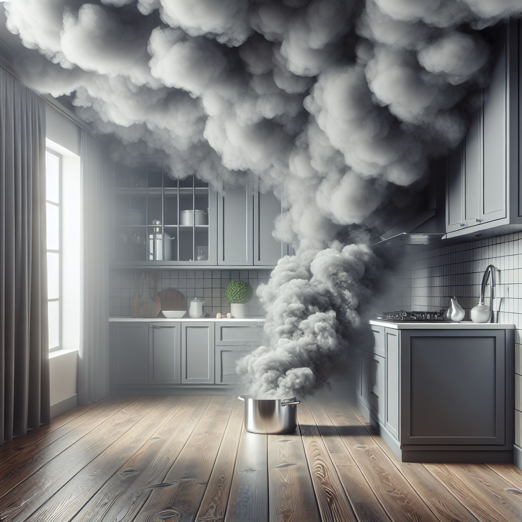 A modern kitchen interior filled with thick, grey smoke emanating from a pan on a stovetop. The smoke is dense and visibly unpleasant, obscuring parts of the room, creating a stifling atmosphere. Emphasize the strong, lingering odor visually. Realistic photo.