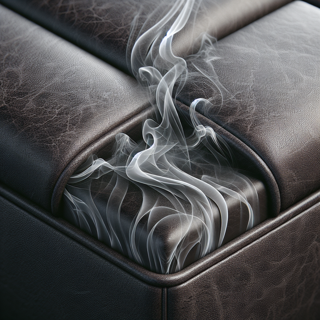 Close-up of a section of a dark brown faux leather sofa cushion or car seat, with subtle, wispy grey smoke lines visually emanating from its surface, symbolizing a lingering unpleasant smoke smell. The artificial leather texture should be clearly defined. Realistic photography, natural light.