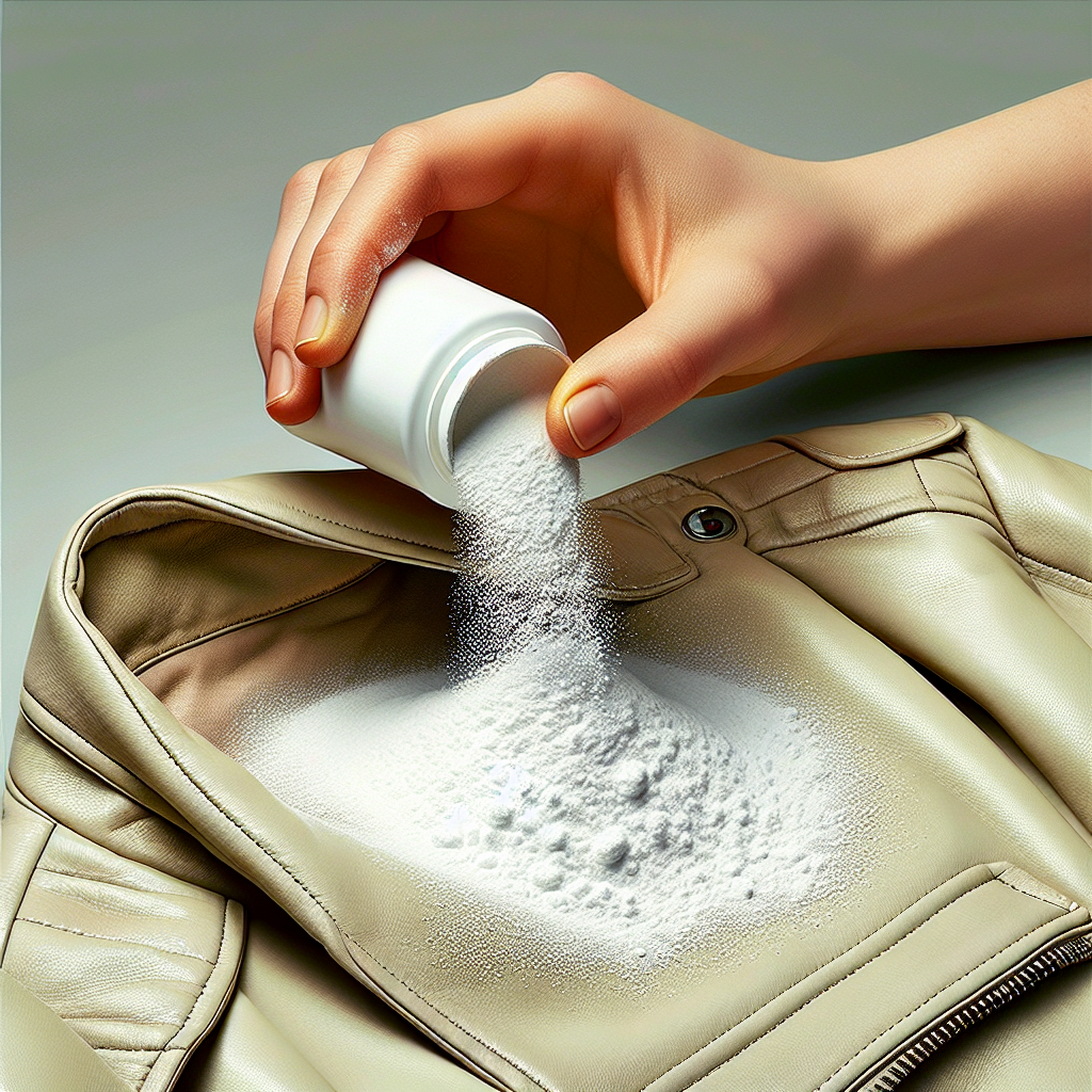 A clean hand gently sprinkling a generous amount of white baking soda powder onto a light-colored faux leather jacket sleeve. The baking soda should be visibly covering parts of the faux leather, ready to absorb odors. Bright, clean, realistic photography, showing the texture of the material and the powder.