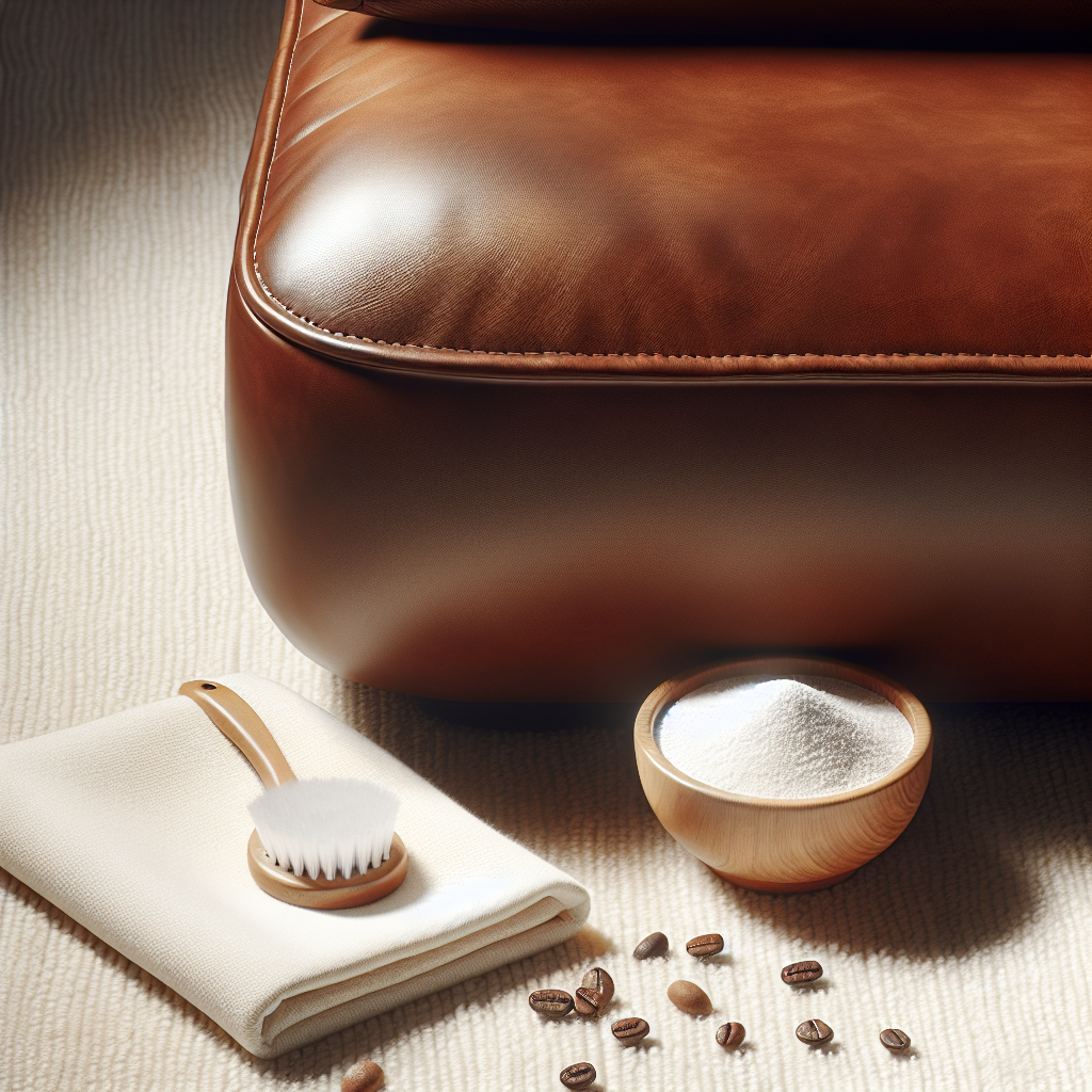 Helles und sauberes realistisches Foto eines Abschnitts eines frisch gereinigten Ledersofas oder einer Ledertasche. Das Leder wirkt geschmeidig, verjüngt und geruchsfrei. In der Nähe sind ein weiches, weißes Tuch und eine kleine, elegante Holzschale mit einem natürlichen Geruchsentferner wie Backpulver oder Kaffeebohnen dezent platziert. Weiches, natürliches Licht von einem Fenster.