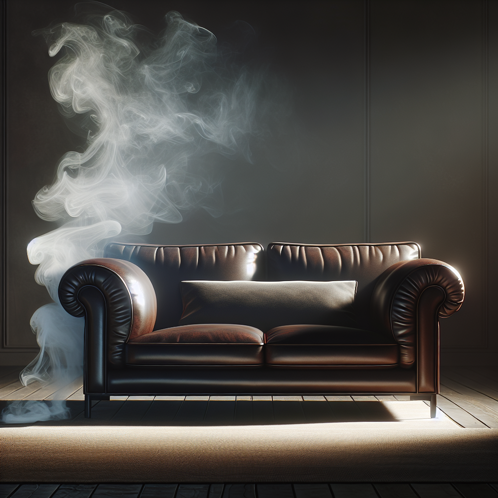 A sophisticated dark brown leather couch in a dimly lit, cozy living room. A subtle, soft wisp of greyish smoke curls gently from between the cushions, visually representing a persistent, unpleasant smoke odor trapped within the leather. Realistic photography, focus on the couch.