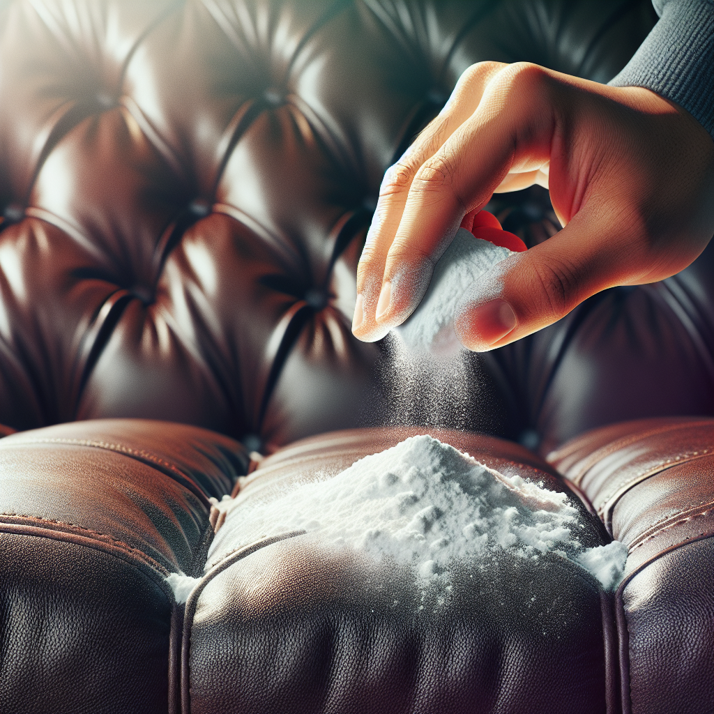 Close-up, overhead shot of a person's hand generously sprinkling a layer of white baking soda powder over the surface of a dark brown leather couch cushion. The baking soda is visibly covering the leather. Bright, even lighting. Realistic photography.