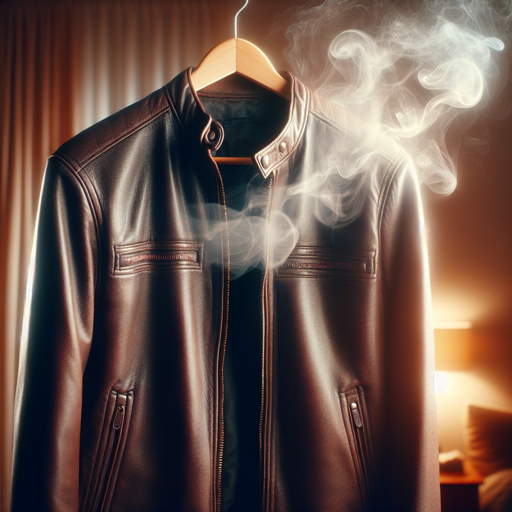 A stylish, dark brown leather jacket, well-loved and slightly worn, hanging indoors. Subtle, ethereal wisps of smoke-like vapor are visibly emanating from the jacket, representing a lingering, unpleasant smoke smell. The background is a softly blurred, warm indoor setting, suggesting a home environment after a night out. High-quality photography, realistic, atmospheric lighting.