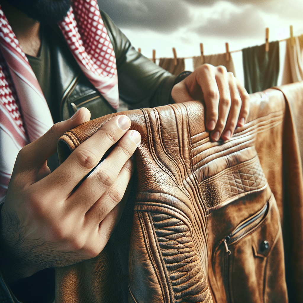 Close-up shot of a person's hand gently holding a section of a high-quality, distressed leather jacket that is hanging outdoors on a breezy, overcast day. The leather's texture and natural folds are clearly visible. In the background, out of focus, a clothesline or an open window suggests airing out and fresh air. The scene conveys a sense of careful restoration and the removal of odors. Realistic photography, natural light.
