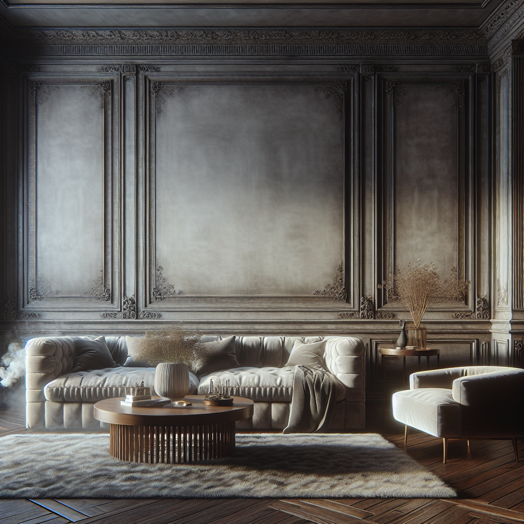A stylish, slightly aged living room interior. A plush, upholstered sofa and wooden coffee table are central, but a subtle, pervasive greyish haze or visual representation of stale smoke odor subtly emanates from the furniture, creating an unwelcoming atmosphere. The room feels a bit dim and oppressive. Realistic, high detail.