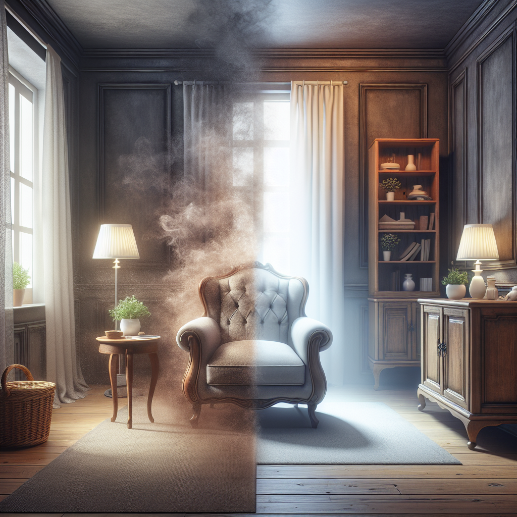 A cozy living room scene with an elegant, slightly worn upholstered armchair or a classic wooden cabinet. On one side, a faint, wispy, brownish-grey smoke haze subtly clings to the furniture, symbolizing lingering odor. On the other side, the furniture is bathed in a bright, clean, almost glowing light, representing freshness and purity. The image should clearly depict the transformation from smoke-affected to clean. Photorealistic, soft warm lighting, home interior.