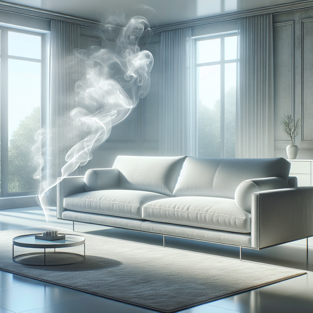 A stylish, clean upholstered sofa in a bright, modern living room. A faint, ethereal wisp of smoke is gently dissipating from one part of the sofa, creating a visual metaphor for the successful removal of unpleasant odors. The room is filled with soft, natural light, emphasizing freshness and cleanliness. Photorealistic, high detail.