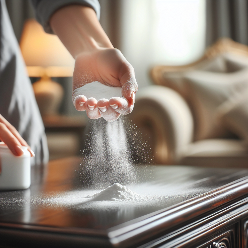 A close-up shot of a person's hands gently sprinkling a fine white powder (representing baking soda or a deodorizing agent) onto the dark wooden surface of a vintage cabinet or a light-colored fabric of an upholstered sofa. The powder should be clearly visible as it falls and settles on the furniture. The background is softly blurred, suggesting a clean and bright home environment. Detailed, natural light, focus on the cleaning action.