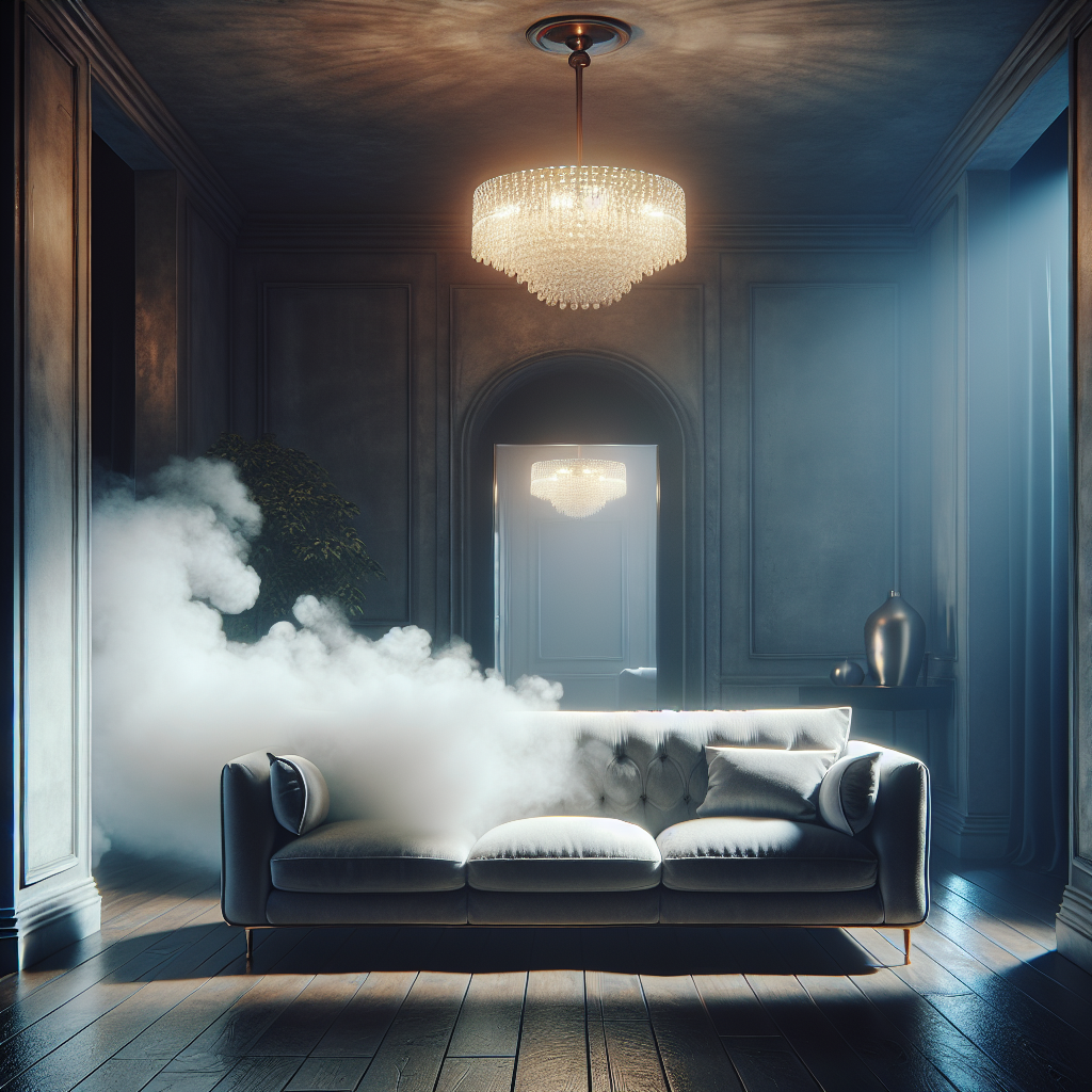 A stylish, slightly moody photograph of a modern living room sofa, with a subtle, unpleasant, almost visible cloud of smoke or stale air emanating from its cushions. The room lighting is somewhat muted, hinting at a persistent, unwelcome odor. Focus on the sofa as the source of the smell, with a hint of a smoky atmosphere, high detail, realistic, cinematic lighting.