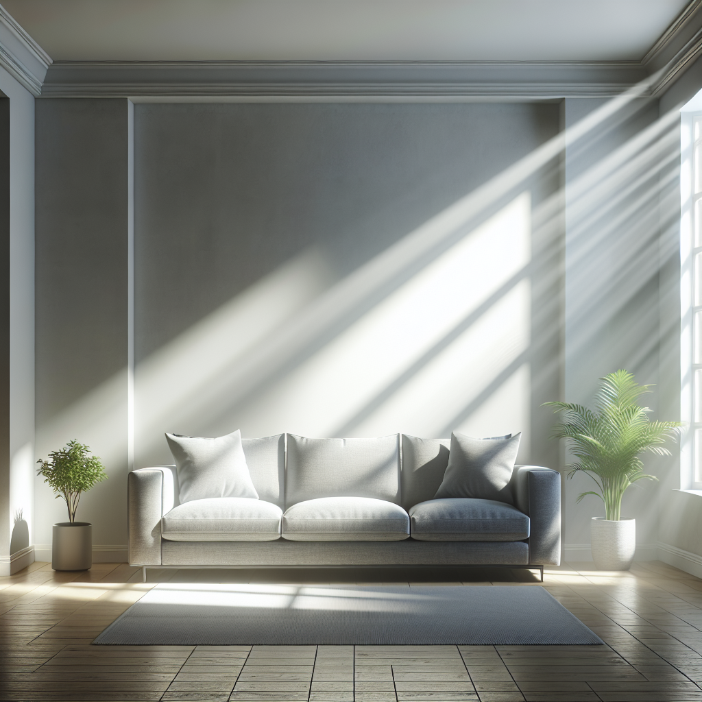 A cozy and inviting living room with a modern grey sofa. Sunlight streams through a window, illuminating the room. The sofa looks impeccably clean and fresh, with no hint of smoke smell, radiating an aura of cleanliness and light. The overall atmosphere is airy and welcoming. High-quality photograph, realistic, bright and natural lighting.
