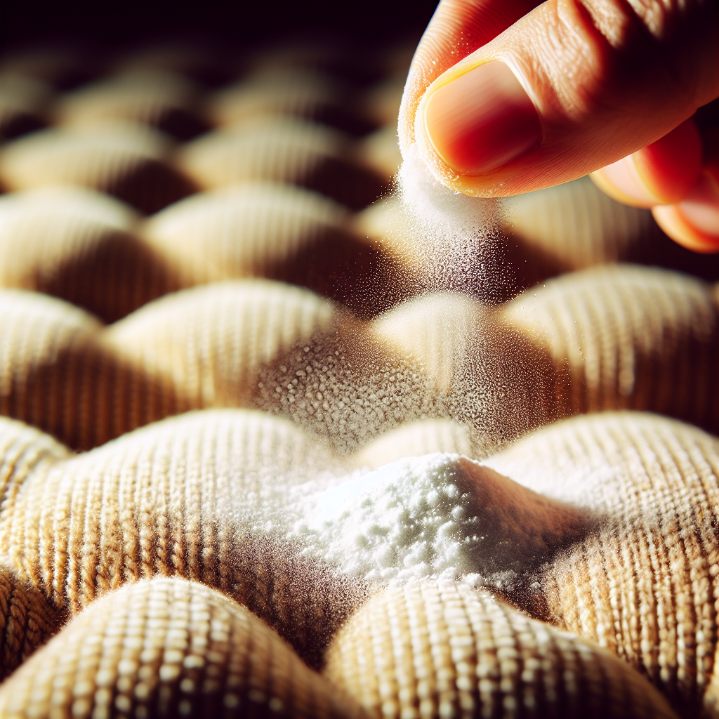 A close-up shot of a hand gently sprinkling white baking soda powder over the textured fabric of a beige upholstered sofa. The baking soda visibly covers the surface, suggesting a deep cleaning process. The background is softly blurred, focusing on the action. The lighting is natural and bright, highlighting the texture of the fabric and the fine powder. High-detail photograph.