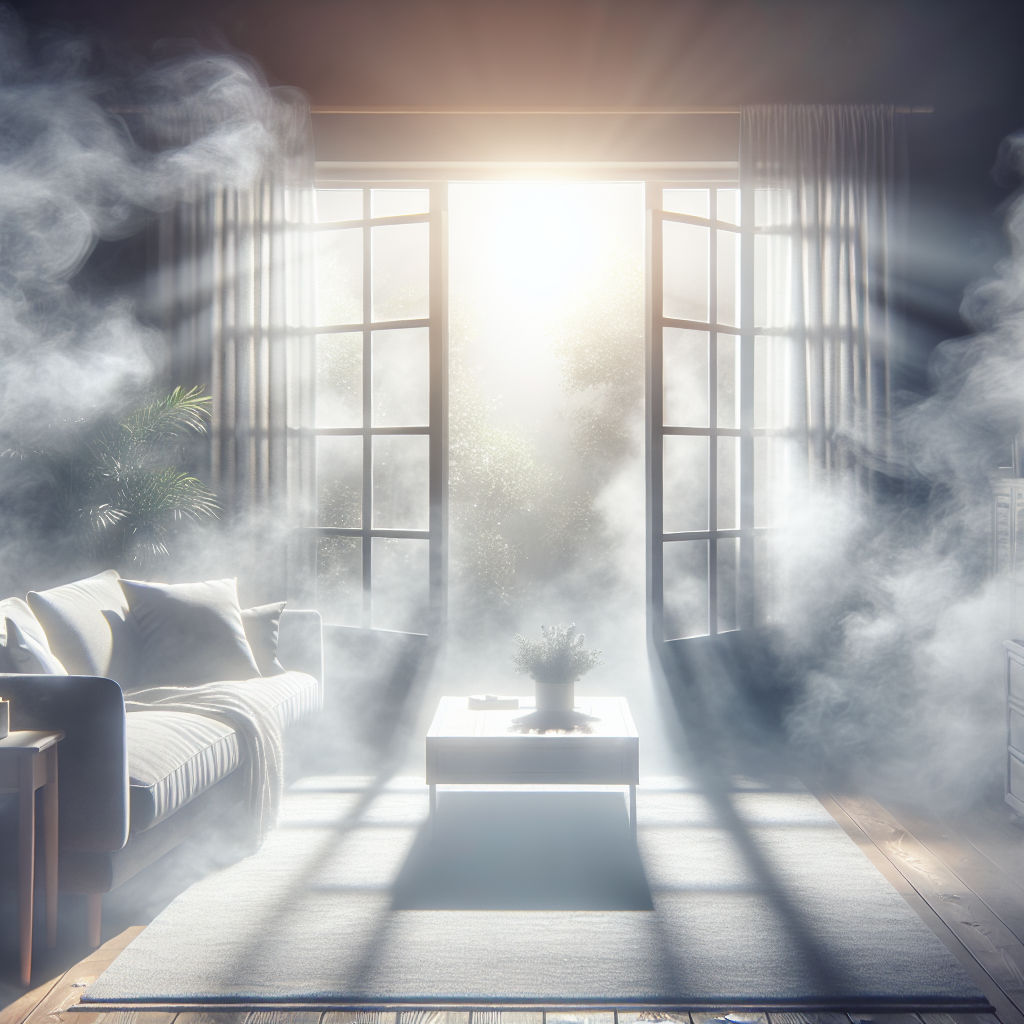 A cozy living room filled with a soft, persistent grey haze subtly representing lingering smoke odor. A large window is wide open, with bright, clean sunlight streaming in and a gentle breeze, visually beginning to dispel the haze and introduce freshness. The mood is one of transition from stale to clean.