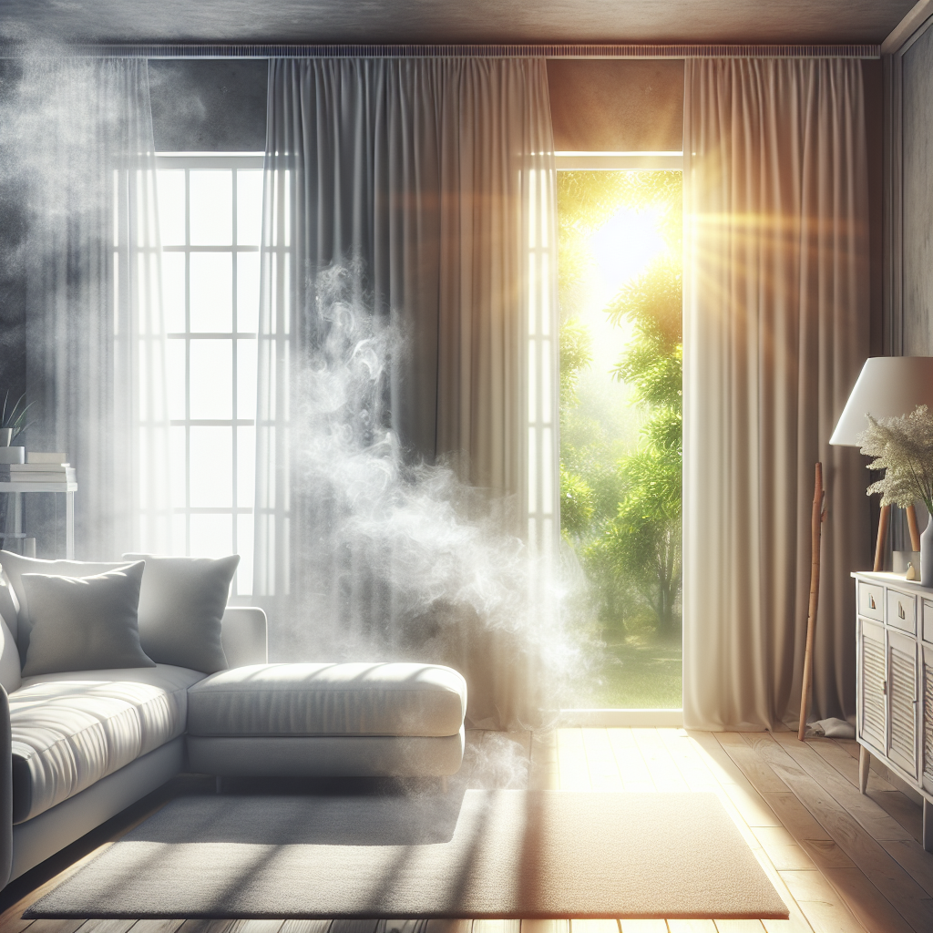 A photorealistic image of a cozy living room. One half of the room is subtly hazy with a translucent, light gray smoke texture, indicating a lingering stale odor. The other half is bathed in bright, clean sunlight streaming through a wide-open window, creating a crisp, fresh atmosphere. A gentle breeze from outside is visibly dispersing the subtle haze, showing a clear contrast between the old, stagnant air and the new, invigorating air. Focus on natural light and a clean aesthetic for the fresh side.