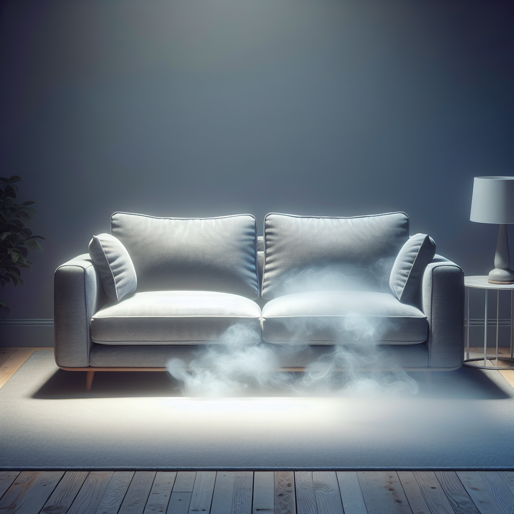 An inviting, upholstered sofa in a slightly dim living room, with a subtle, transparent greyish haze or 'smell cloud' visibly emanating from its cushions, suggesting a persistent smoke odor. The overall atmosphere feels a bit stuffy and unpleasant. Realistic, soft indoor lighting.
