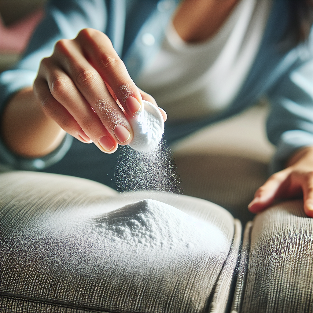 Close-up, overhead shot of a person's hand carefully sprinkling a generous layer of white baking soda powder (Natron) directly onto the fabric of an upholstered sofa. The sofa's texture is visible, and the powder gently settles on the surface. The background is softly blurred, hinting at a cozy living room. Realistic, bright lighting.