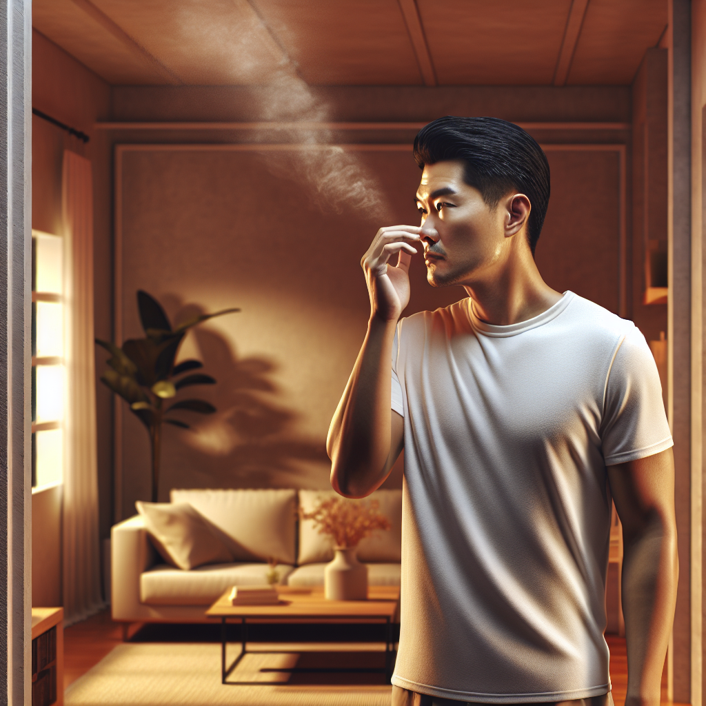 A person with a slightly frustrated expression, subtly sniffing the air in a home. The room features neutral-colored walls, with a faint, almost invisible haze or subtle texture on the walls suggesting a lingering, trapped smoke odor. Emphasize the unseen but persistent problem of smoke smell in a residence. Realistic style, indoor lighting.