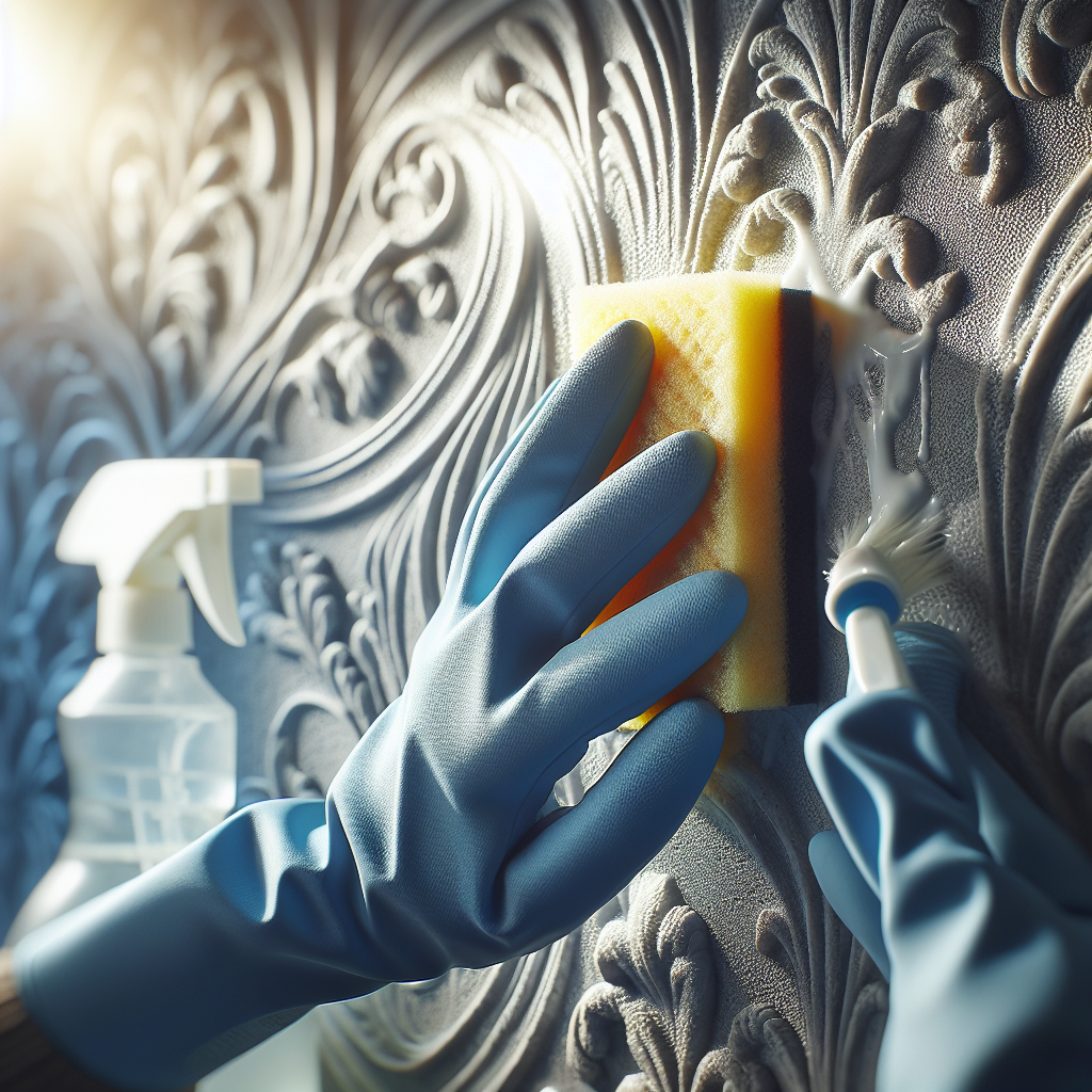 Close-up of a gloved hand actively wiping a textured wall with a damp sponge soaked in a cleaning solution, creating a visibly clean streak. A subtle sense of freshness or cleanliness emanates from the wiped area. In the blurred background, hints of cleaning supplies like a bucket or bottle. Bright, hopeful lighting, symbolizing effective odor removal and renewal.