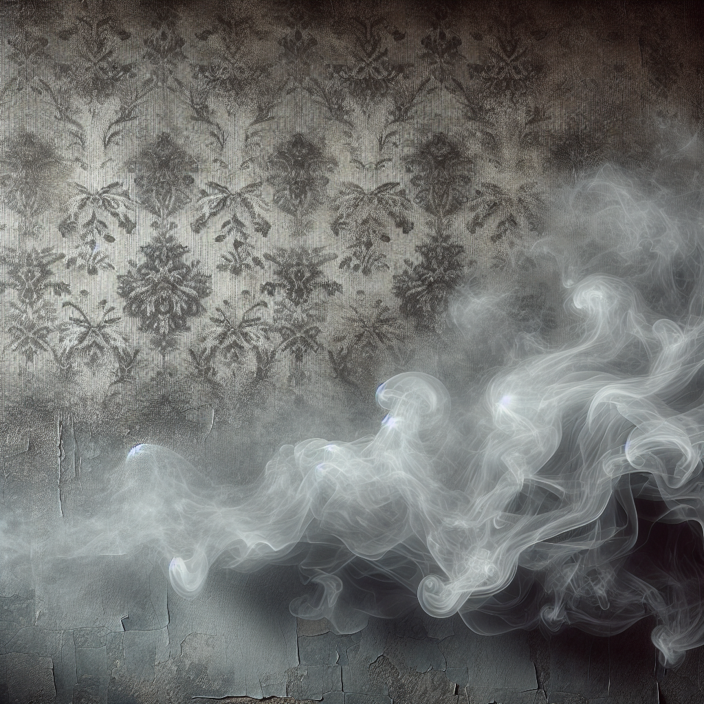 A close-up shot of old, textured wallpaper on a wall, where subtle, translucent wisps of grey smoke seem to be gently emanating from the surface, creating a faint, oppressive atmosphere that visually represents a deep-seated, persistent smoke smell. The scene should evoke a sense of a challenging odor problem. Realistic, atmospheric.