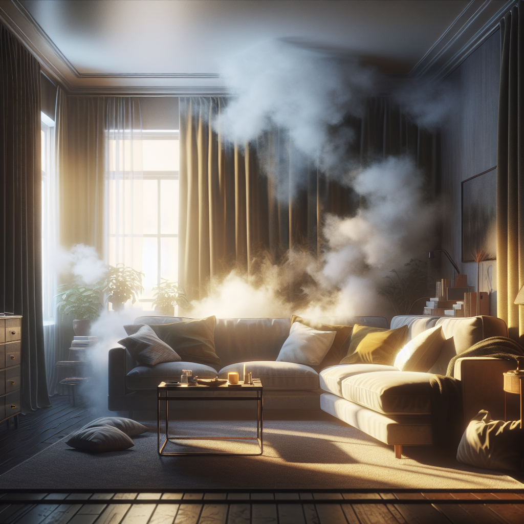 A cozy apartment living room, but with a subtle, almost visible aura of stale smoke clinging to the textiles like curtains and a sofa, creating a slightly unwelcoming atmosphere. The light is somewhat muted. A single window in the background is slightly open, hinting at the beginning of a ventilation effort. Focus on the contrast between coziness and the lingering unpleasantness. Realistic style, muted color palette with a hint of yellow/brownish tint from nicotine.
