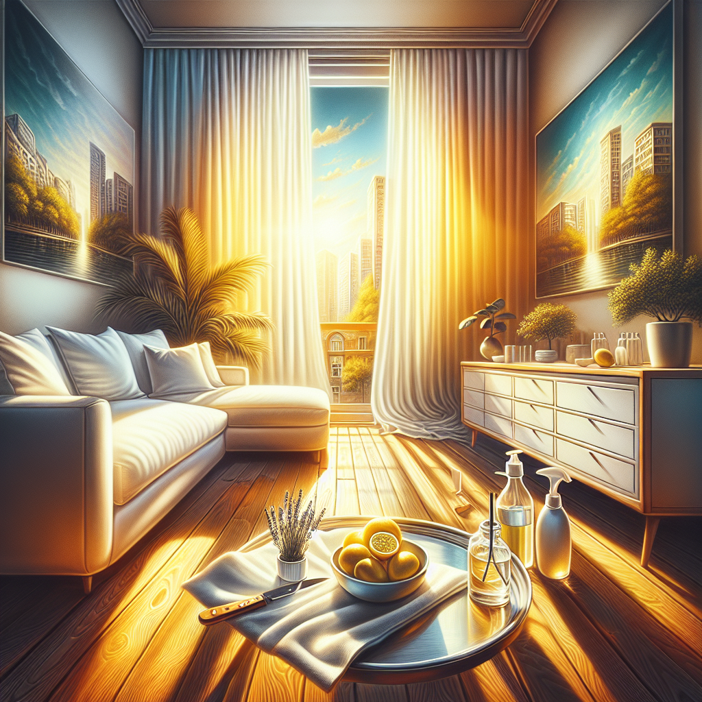 A beautifully clean and fresh apartment living room, bathed in warm, bright sunlight streaming through a wide-open window. Crisp, white curtains are gently billowing in a fresh breeze. On a polished wooden table, there are subtle hints of natural cleaning remedies like sliced lemons in a bowl or a small sprig of lavender, alongside a generic, elegant spray bottle. The atmosphere is one of complete renewal, comfort, and a pleasant, airy scent. Realistic style, vibrant and inviting colors, emphasizing freshness and light.