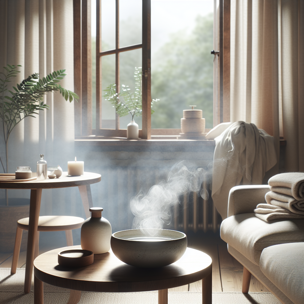 A cozy apartment living room bathed in soft natural light, with subtle, almost invisible wisps of lingering smoke in the air. An open window offers a glimpse of the outside. On a wooden coffee table sits a simple ceramic bowl filled with clear liquid and a hint of vinegar, diffusing freshness. In the background, a few damp towels are draped over a chair, subtly indicating a natural purification process. The overall mood is one of hope and gentle remediation, with a focus on natural, common home remedies.