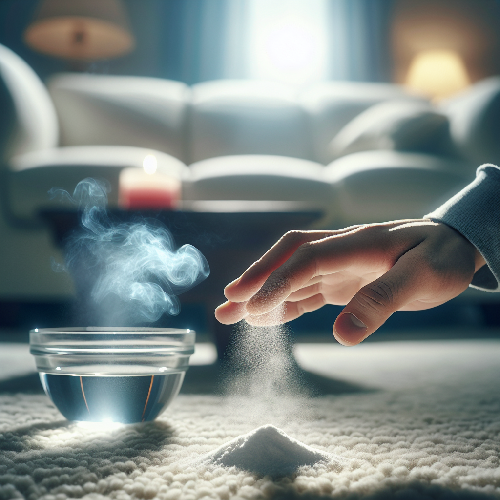 Close-up of a hand gently sprinkling white powder (representing baking soda) onto a plush living room carpet, with a slight, almost imperceptible haze of smoke in the background. In another area of the frame, perhaps slightly out of focus, a small glass bowl filled with water and a dash of clear liquid (vinegar) sits on a polished surface. The scene emphasizes the practical application of home remedies against persistent smoke odor, highlighting cleanliness and effective neutralization. The aesthetic is clean, bright, and focused on the action of purification.
