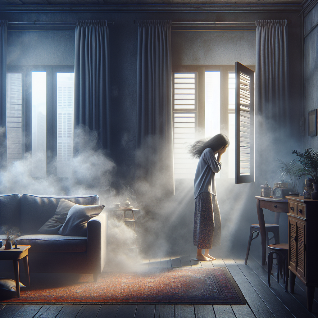 A person looking displeased and slightly overwhelmed, standing in a dimly lit apartment living room with a subtle, lingering haze of smoke. They are trying to open a window wide, but the furniture, curtains, and overall atmosphere still convey the unpleasant presence of embedded smoke smell. Emphasize the discomfort and the persistent problem. Photorealistic style, natural lighting.