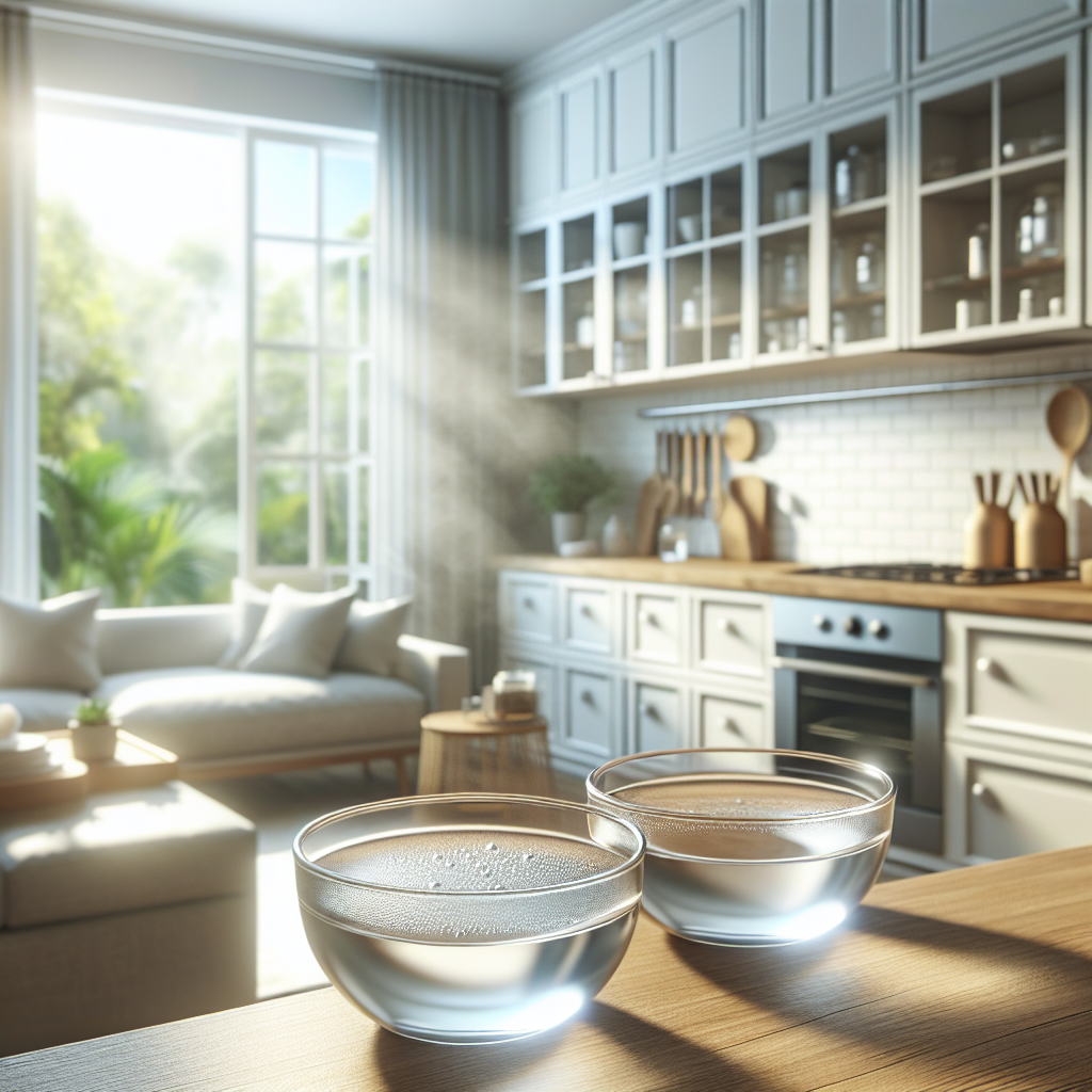 A bright and airy apartment kitchen or living room with small, clear bowls filled with white vinegar placed discreetly on surfaces like a countertop or a side table. Sunlight streams through an open window in the background, showing a glimpse of fresh outdoor air and greenery, symbolizing purification and freshness after removing smoke odor. Focus on cleanliness and a sense of relief. Photorealistic style, clean aesthetic.