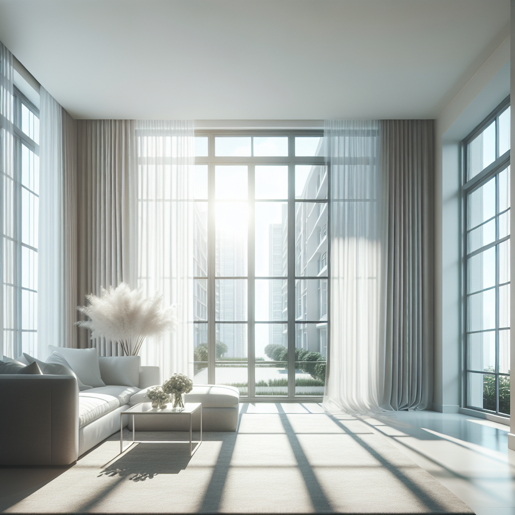 A bright, modern apartment living room with wide-open windows, sunlight streaming in, and white curtains gently billowing from a fresh breeze. The room looks clean and airy, conveying a sense of renewed freshness and cleanliness after smoke removal. Focus on natural light and open space.