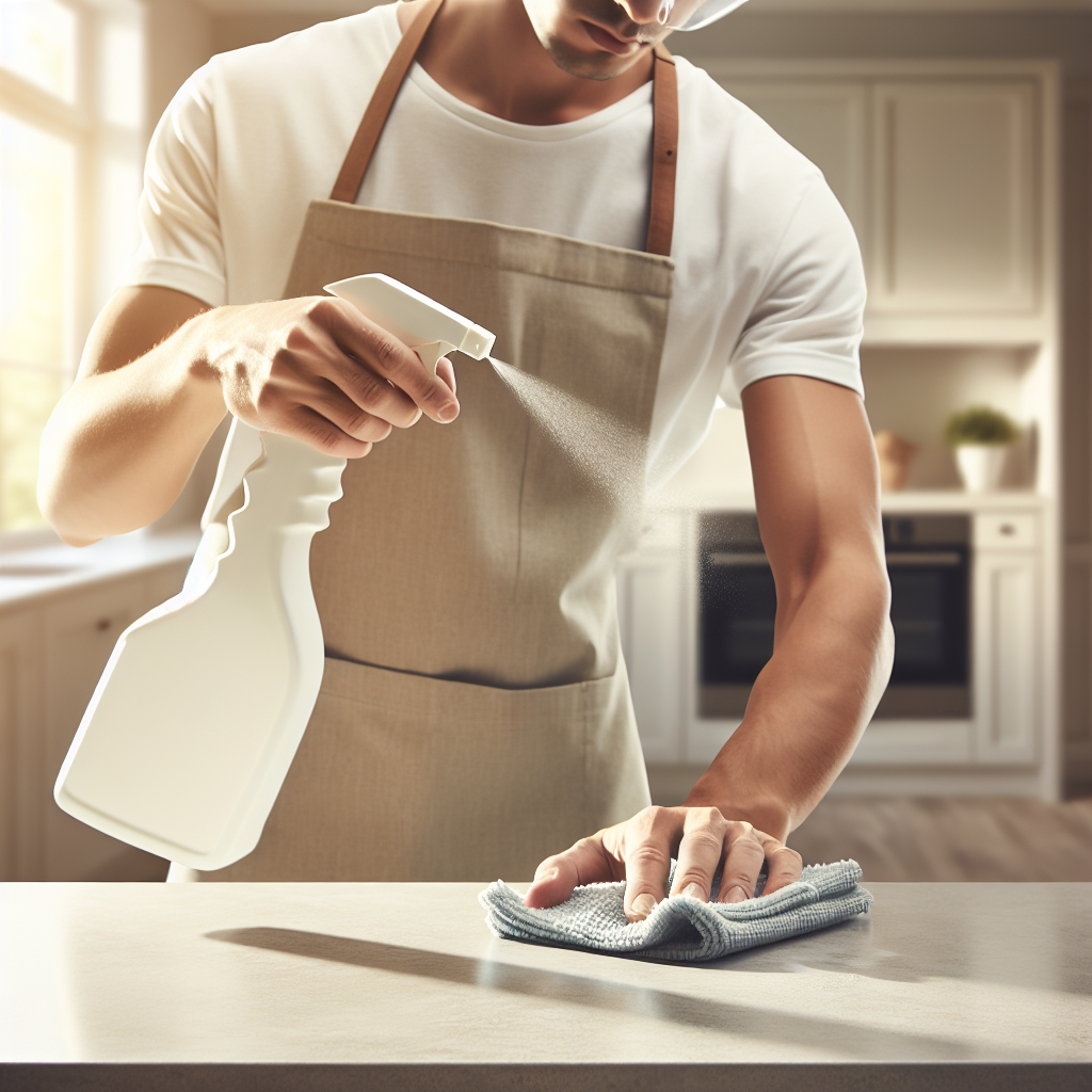 Close-up of hands wiping down a clean, light-colored wall or kitchen counter with a spray bottle and a microfibre cloth, symbolizing the thorough cleaning process to remove smoke smell. The background should be a clean, bright home interior, emphasizing tidiness and fresh air.