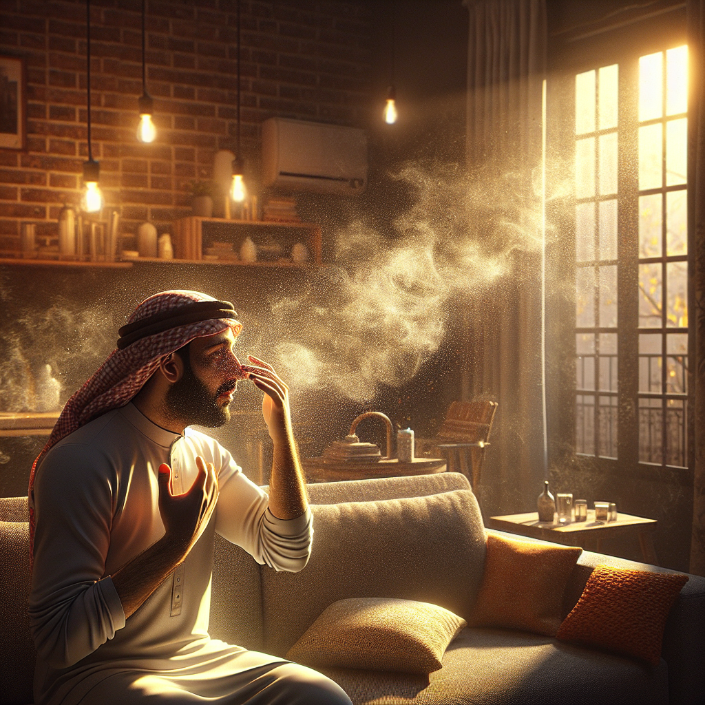 A cozy but slightly dim apartment living room, with a subtle, lingering smoke odor visibly hanging in the air. A person, looking a bit frustrated or bothered, is gently fanning their hand in front of their nose. Sunlight tries to pierce through a window, highlighting faint airborne particles. The scene conveys discomfort and the need for freshness. Realistic, warm but slightly muted colors, focus on the ambiance of stale air.