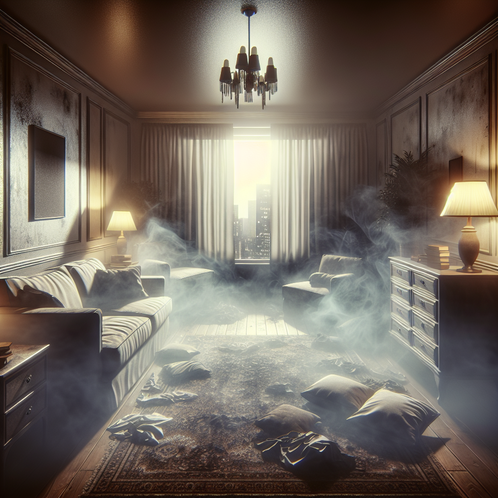 A dimly lit, slightly messy apartment living room, heavily permeated with a visible, thick haze of unpleasant smoke smell. The smoke clings to old upholstered furniture, curtains, and walls, creating an oppressive, stale atmosphere. A visual representation of lingering odor particles is subtly integrated into the scene. Realistic, somber tones.
