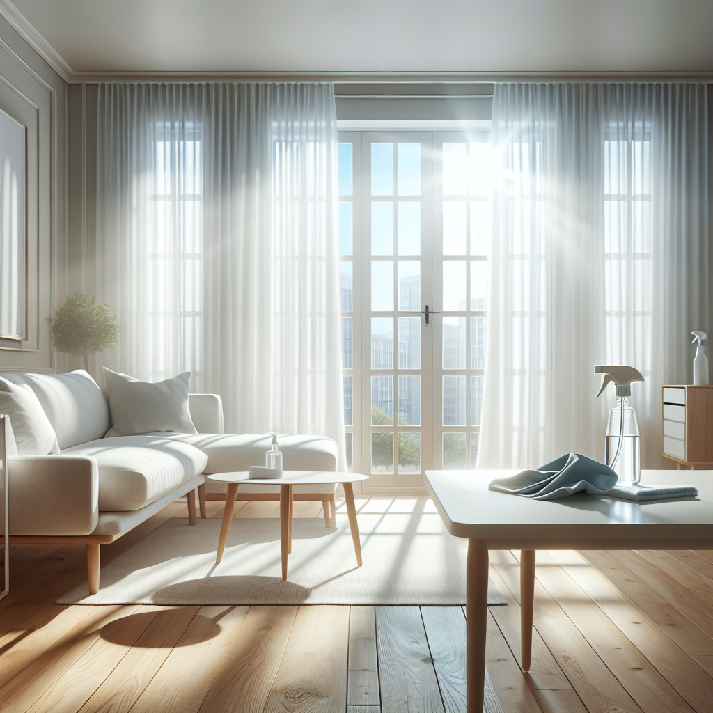 A bright and airy apartment living room, sparkling clean and fresh. Large windows are wide open, letting in abundant natural light and a gentle breeze, with sheer white curtains billowing slightly. On a polished wooden table, a spray bottle and a microfiber cloth are neatly placed, suggesting recent cleaning. The overall mood is one of renewal, freshness, and cleanliness. Realistic, vibrant, inviting tones.