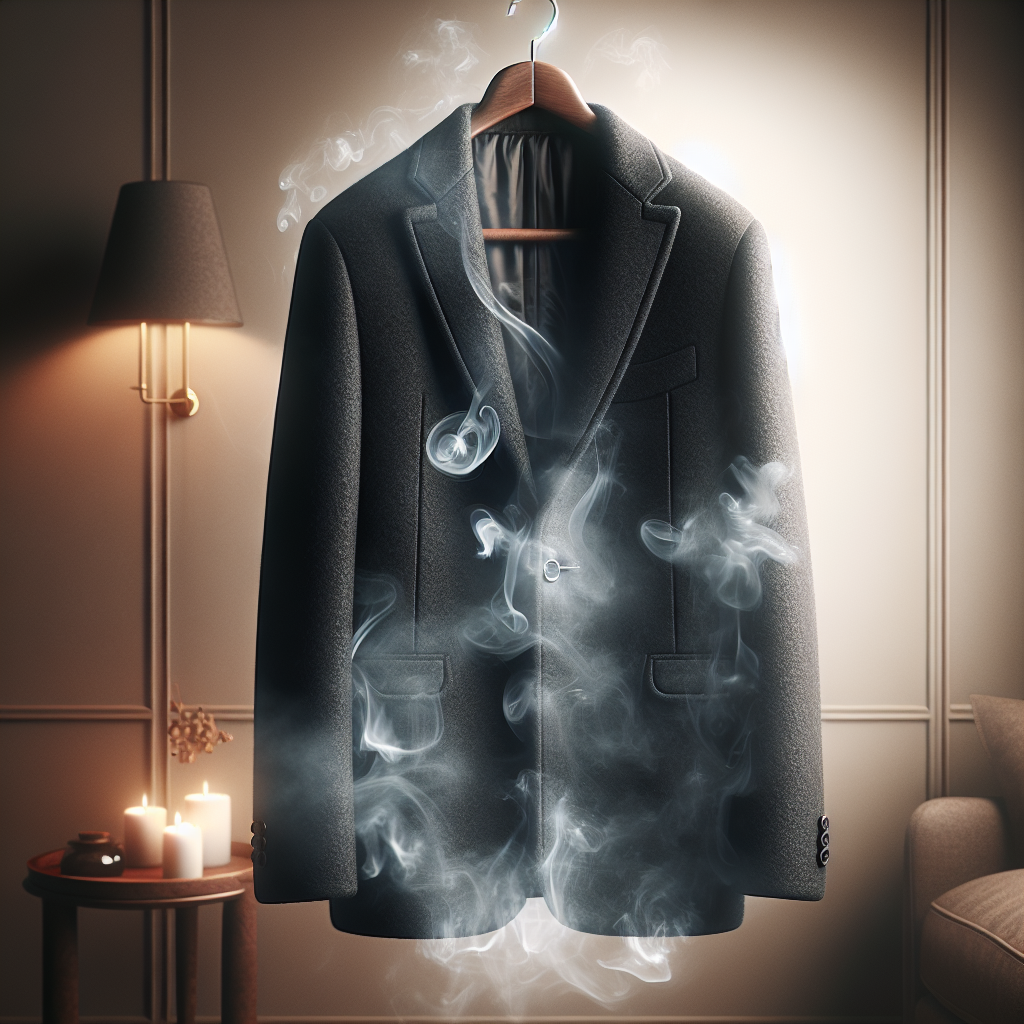 A luxurious dark grey wool coat hanging on a sophisticated wooden hanger. Subtle, ethereal wisps of smoke are gently rising from the fabric, visually representing an unpleasant embedded smell. The background is softly blurred, hinting at a cozy but slightly smoky indoor environment. Realistic, high-quality photograph, soft, warm lighting.
