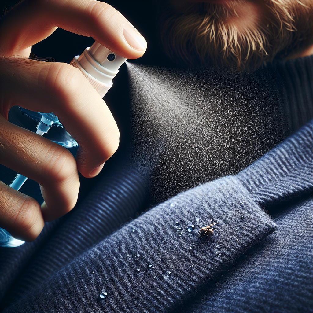 A close-up shot of a hand holding a clear spray bottle, delicately misting a rich navy blue wool coat with a fine, almost invisible spray. The intricate texture of the wool is clearly visible, with tiny, glistening droplets settling on the fibers. The lighting is bright and natural, suggesting a fresh, airy atmosphere, symbolizing cleaning and renewal. Realistic, detailed photography.