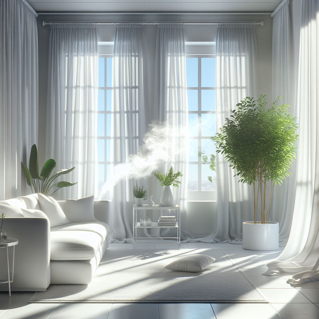 A bright, airy living room with large open windows, sunlight streaming in. White curtains gently billow with a fresh breeze. In the foreground, a cozy, clean sofa and a healthy potted plant. A subtle, almost transparent plume of stale, grey smoke is visibly exiting through the window, leaving behind a pristine, inviting atmosphere. Focus on cleanliness, freshness, and the visual metaphor of smoke departing. Photorealistic, soft focus, warm colors.
