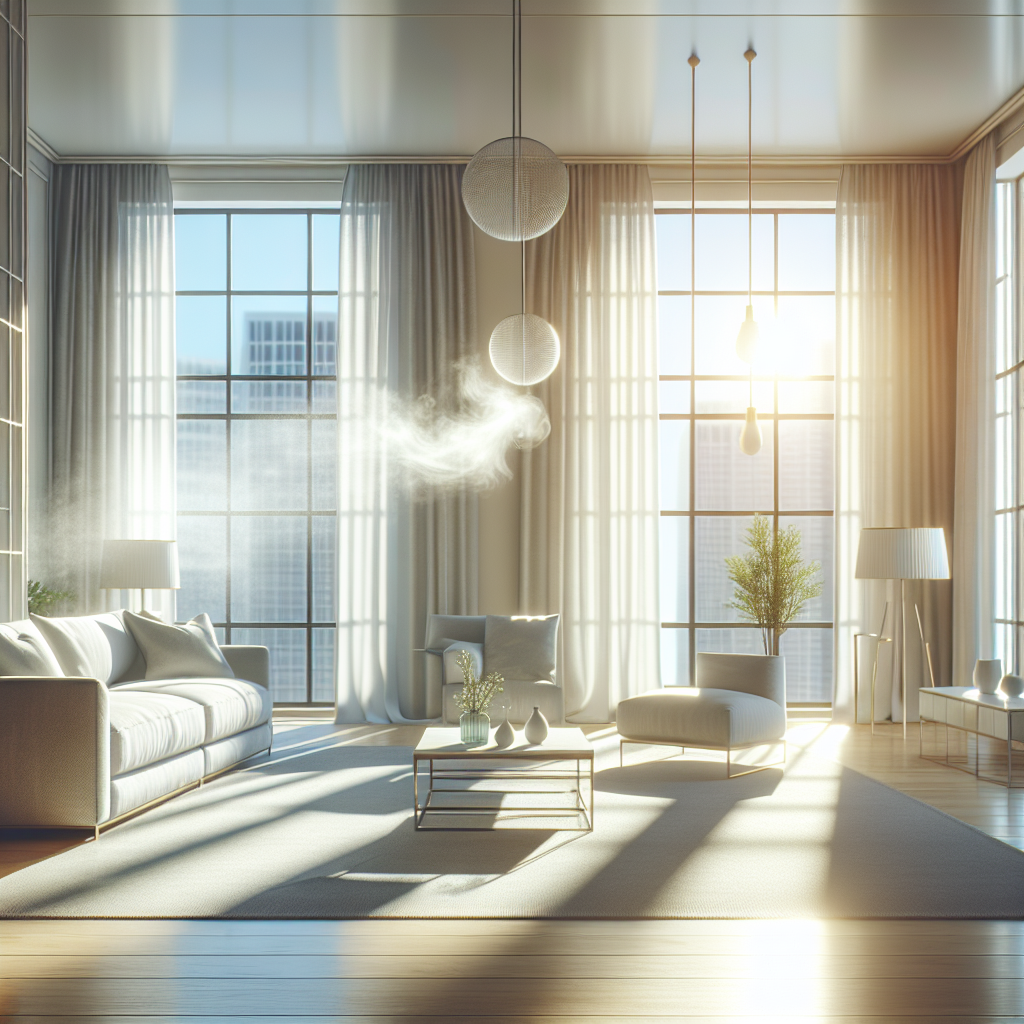 A bright, airy modern living room with large open windows, sunlight pouring in. A subtle, almost translucent wisp of smoke is visibly exiting through the window, symbolizing the successful removal of unpleasant odors. The room feels fresh, clean, and inviting. High detail, photorealistic.