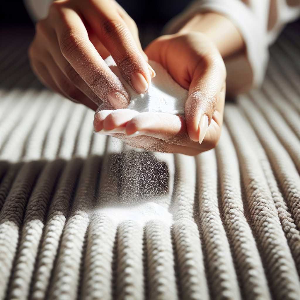 Close-up, detailed shot of a person's hands gently sprinkling a white powder (representing baking soda) onto a textured fabric surface, such as a sofa cushion or carpet. The powder is visibly settling on the fabric, indicating cleaning action. The background is softly blurred, hinting at a tidy room. Focus on texture and the action of cleaning. Photorealistic.