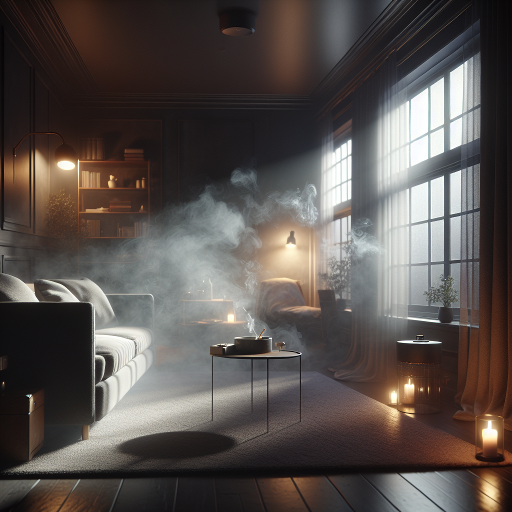 A cozy living room, slightly dim, with a visible, faint grey haze symbolizing lingering cigarette smoke. A window is slightly ajar, but the air still feels heavy and stale, emphasizing the persistent bad odor. High-quality photography, realistic, atmospheric.