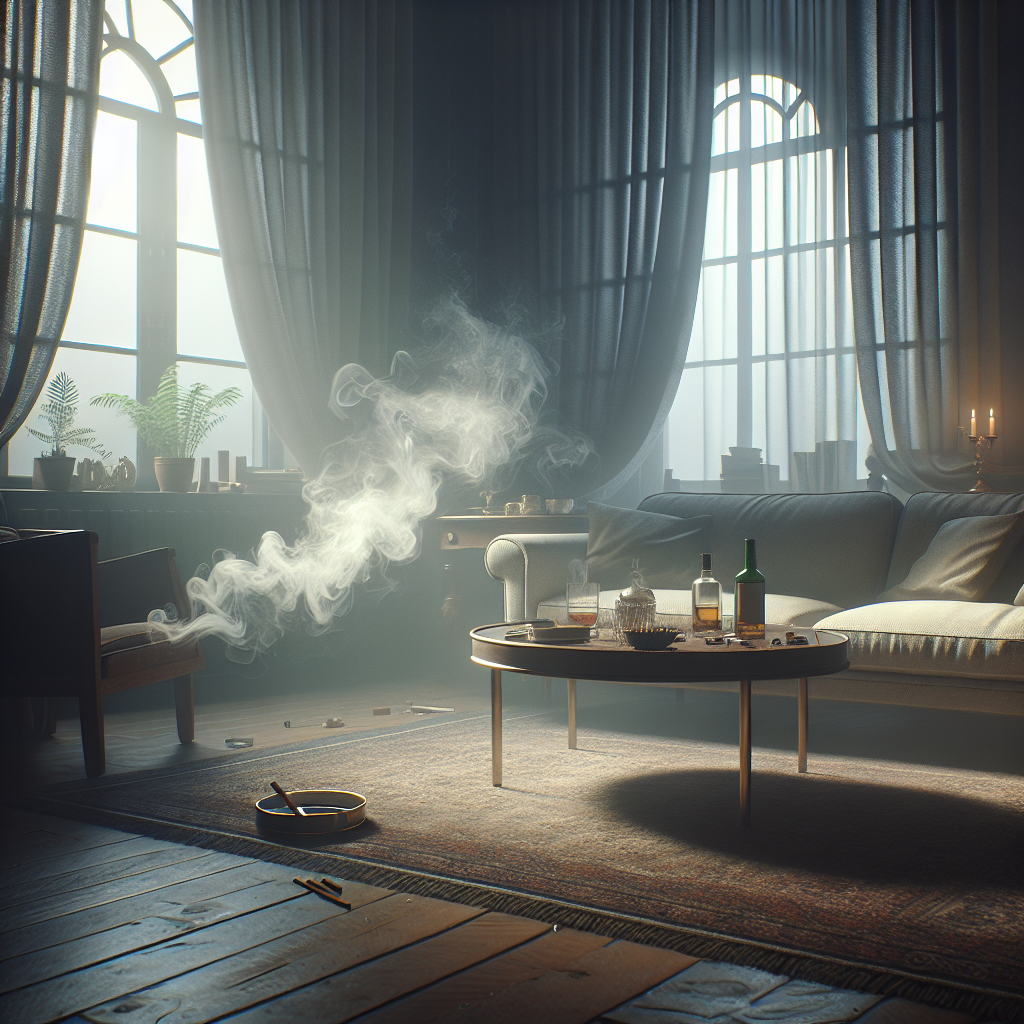 A cozy, slightly disheveled living room interior, subtly permeated by a lingering, stale cigarette smoke haze. The smoke clings invisibly to fabric curtains, a sofa, and wooden furniture, creating a heavy, unpleasant atmosphere. Soft, dim light, emphasizing the trapped and stale feeling. The scene evokes the persistent presence of an unwanted odor. Photorealistic, high detail.