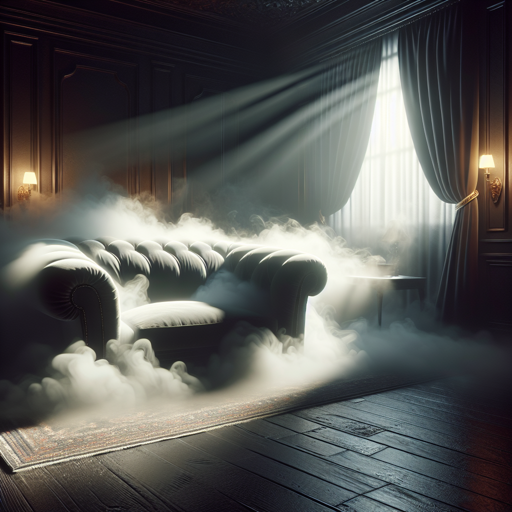 A dimly lit room with a visible, subtle haze of smoke visually clinging to the fabric of curtains and upholstery, creating a stale and unpleasant atmosphere. The light is muted, suggesting an ingrained odor that permeates everything.
