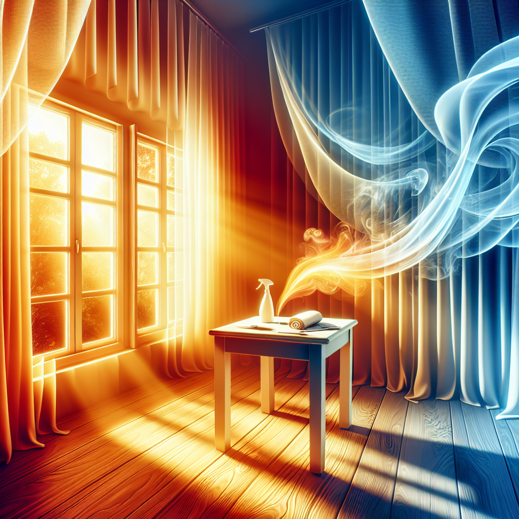 A bright, clean room with wide-open windows and sheer curtains billowing gently, symbolizing fresh air entering and smoke smell leaving. Sunlight streams in, illuminating a subtle, almost invisible wisp of dissipating smoke. On a clean table, there's a spray bottle and a cloth, suggesting active cleaning. The overall mood is fresh, hopeful, and effective.
