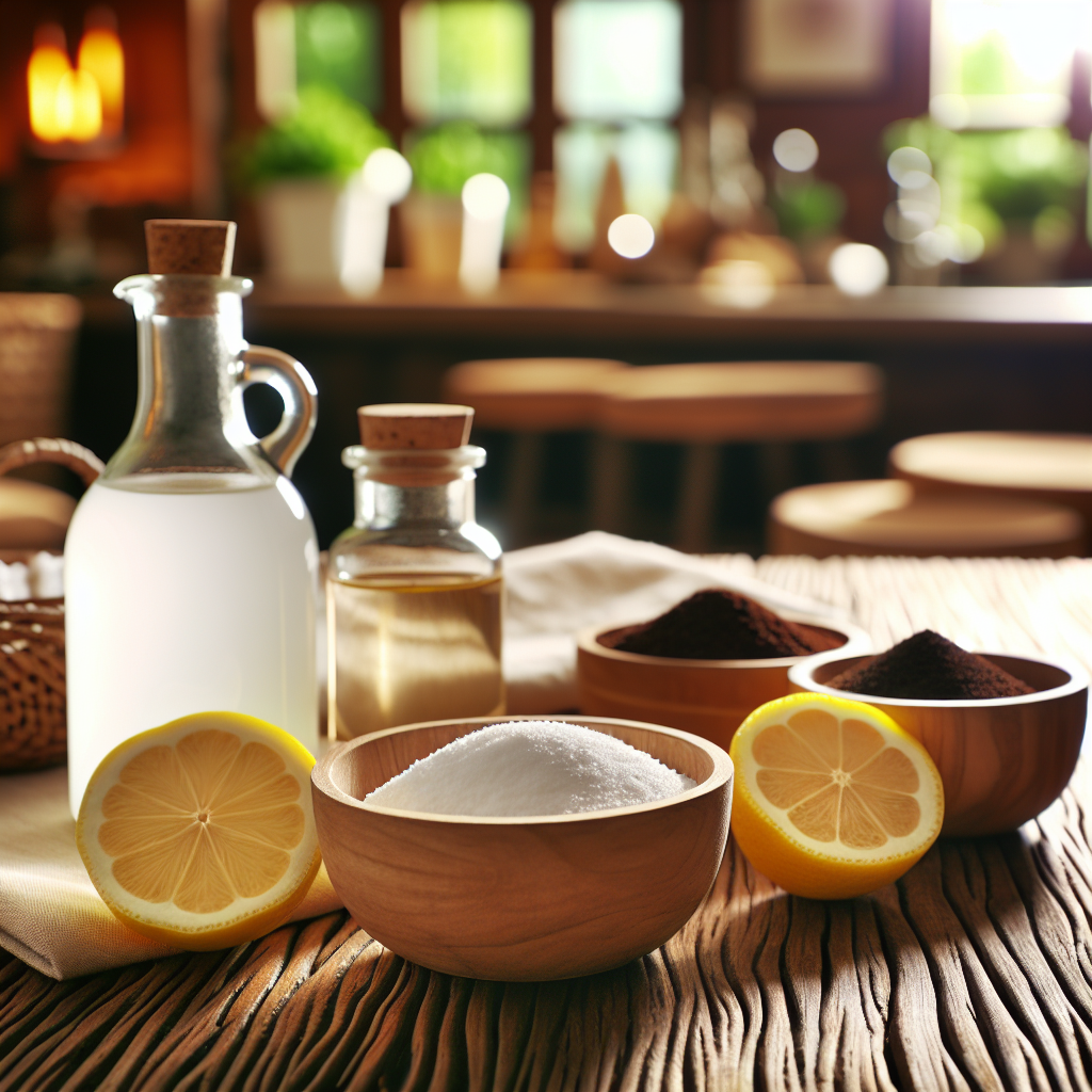 A close-up shot of a rustic wooden table in a well-lit room. On the table, various simple bowls are arranged: one with white vinegar, another with baking soda, and a third with fresh coffee grounds. Beside them, a sliced lemon or orange adds a natural touch. The background is softly blurred, hinting at a cozy home environment. The focus is on these natural odor absorbers, illustrating 'Hausmittel' for removing smells.
