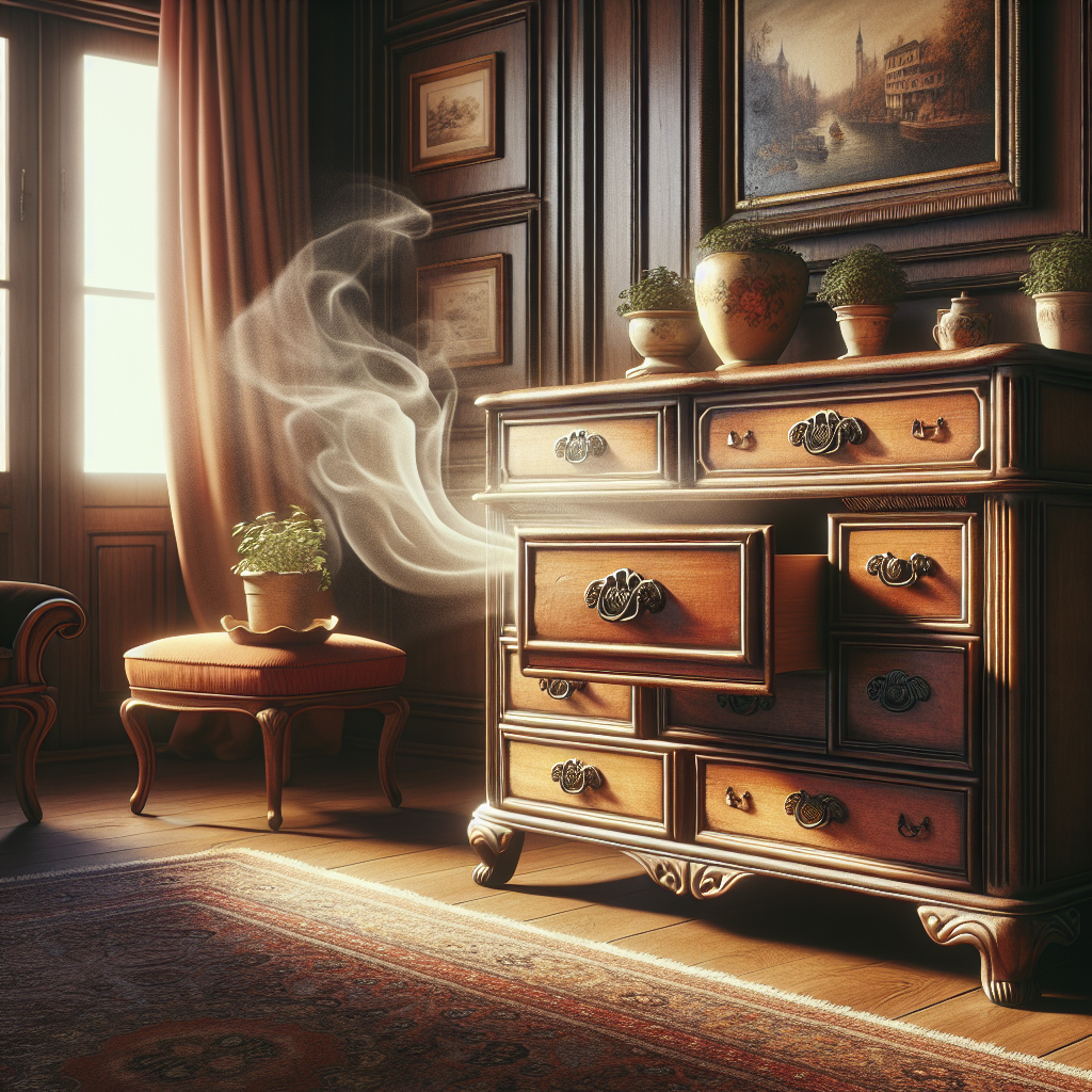 A beautifully crafted vintage wooden dresser, perhaps an antique piece from a flea market, in a cozy yet slightly muted room. A very subtle, almost ethereal wisp of smoke or an abstract representation of an unpleasant odor is gently emanating from one of its open drawers, hinting at the persistent smoke smell. The overall aesthetic is warm but slightly subdued, emphasizing the challenge. High detail, realistic photography.
