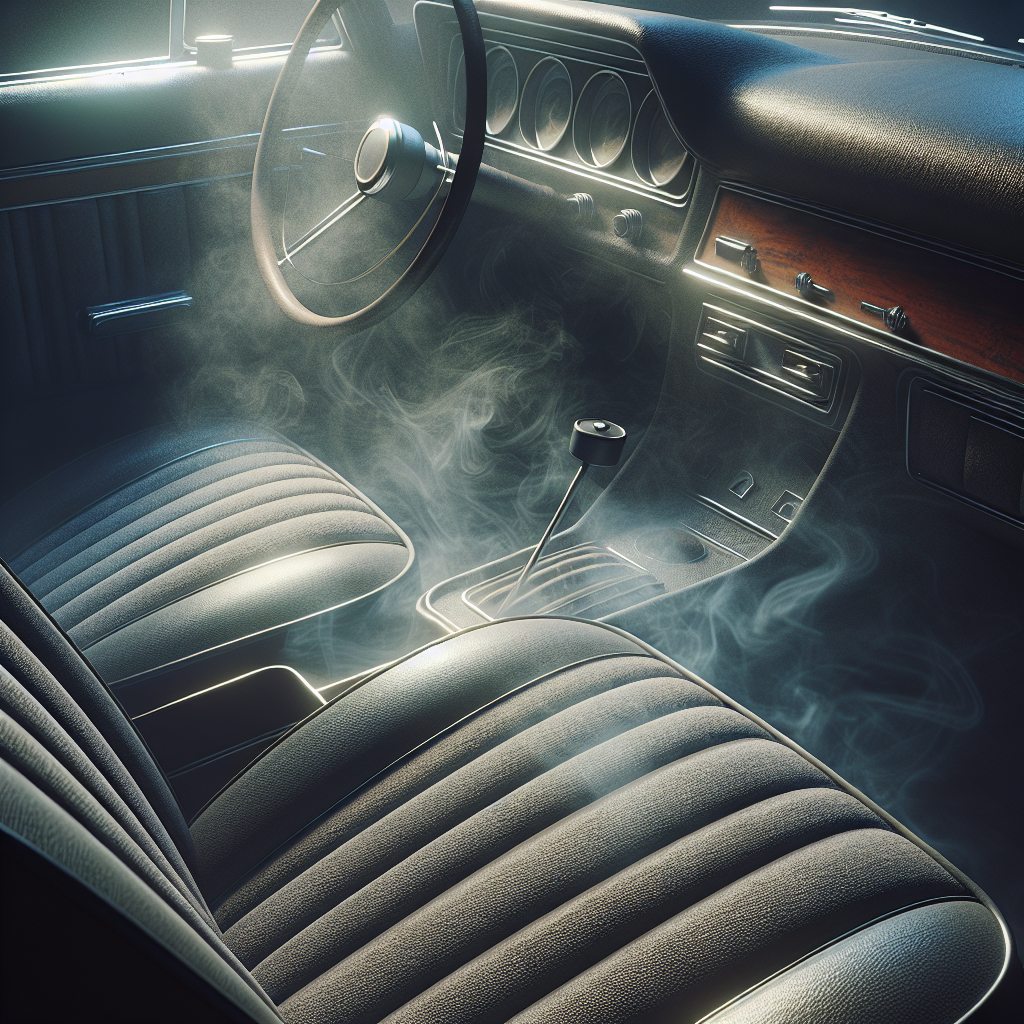 A close-up shot inside a car, showing the interior filled with a subtle, swirling haze, subtly hinting at persistent cigarette smoke. The upholstered seats and dashboard appear slightly dull or stained, with an almost visible film on surfaces. A sense of an unpleasant, stale odor pervades the atmosphere, despite the car being empty. Realistic photography, moody lighting, focusing on the problem of stubborn smell.