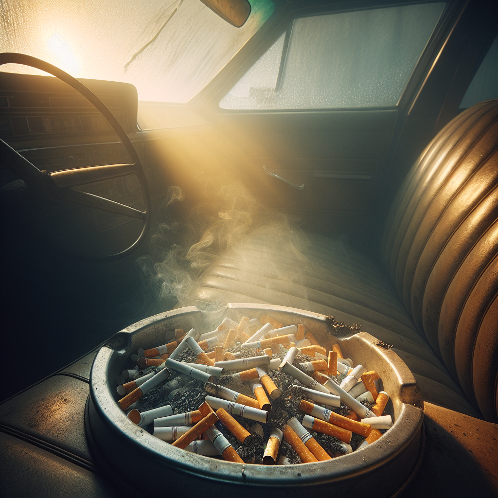 A close-up, realistic shot inside an older car, showing an overflowing ashtray with cigarette butts. A faint, yellowish smoke haze subtly lingers in the air, creating a visibly stale and unpleasant atmosphere in the worn interior. Moody, slightly desaturated lighting emphasizes the pervasive, lingering smell.