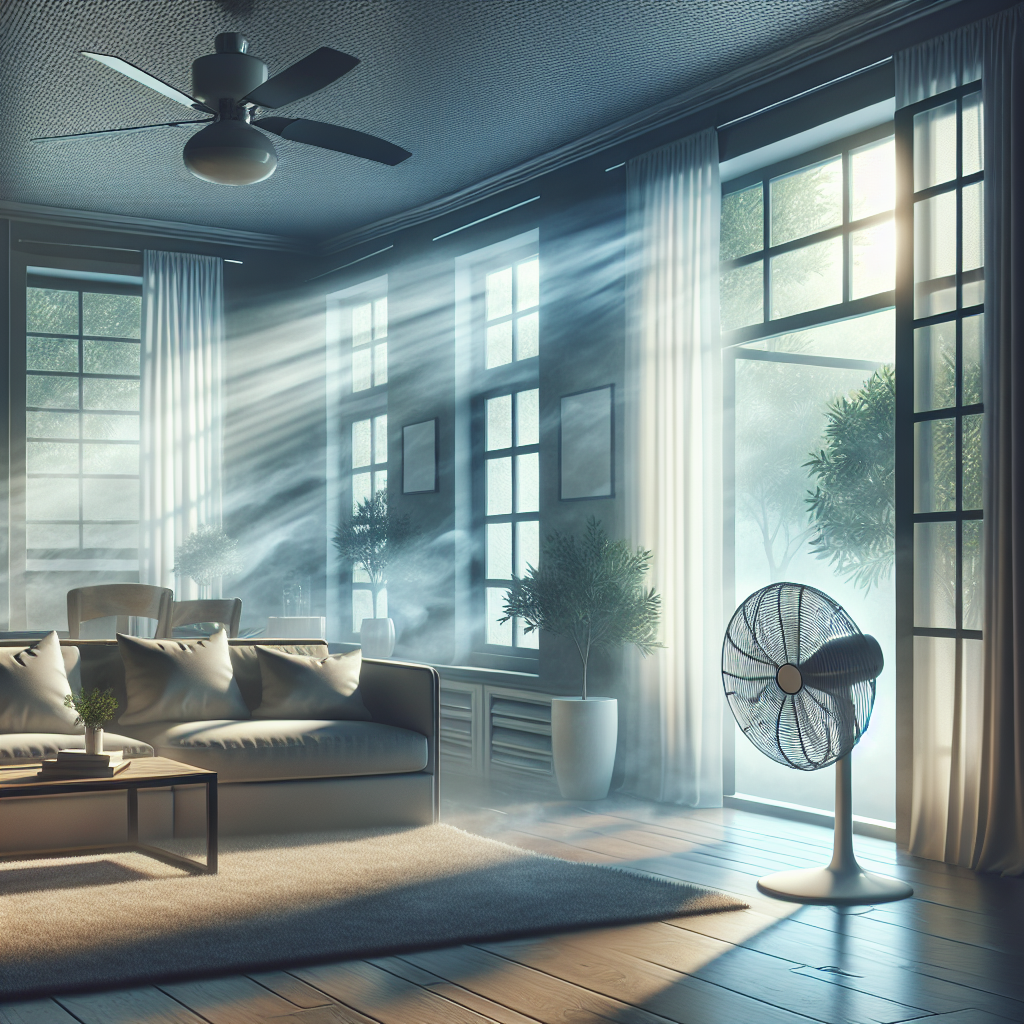 A cozy living room interior, subtly filled with a lingering, unpleasant smoke haze, but with all windows wide open, letting in bright, fresh air. A modern floor fan is actively blowing air towards an open window, symbolizing active ventilation to remove the smell. The light outside is clean and inviting, contrasting with the residual indoors haze. Realistic, soft lighting, focus on a feeling of transition.