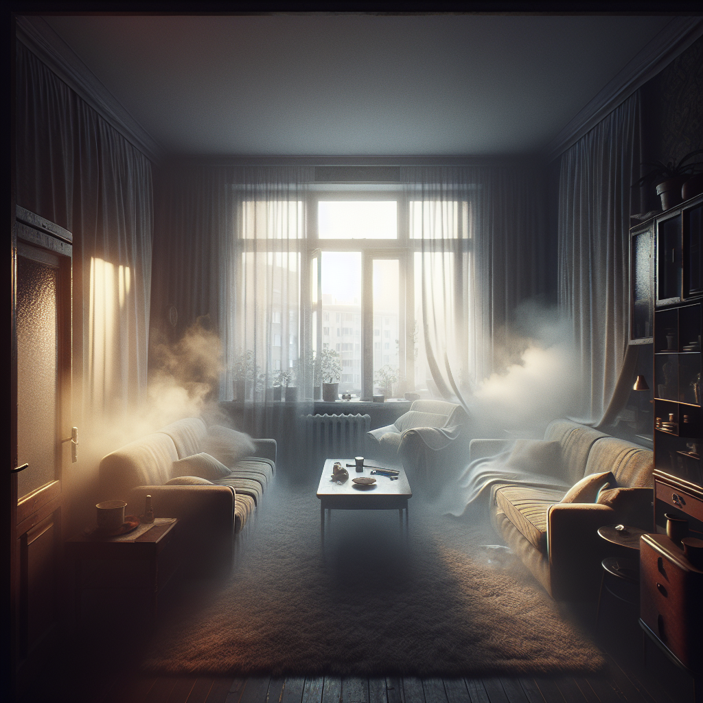 A cozy yet visibly stale apartment living room, with a subtle, lingering haze of smoke that seems to cling to furniture and curtains. The light is somewhat dim, and the air feels heavy, conveying an unpleasant, stubborn smoke odor. Realistic, atmospheric.