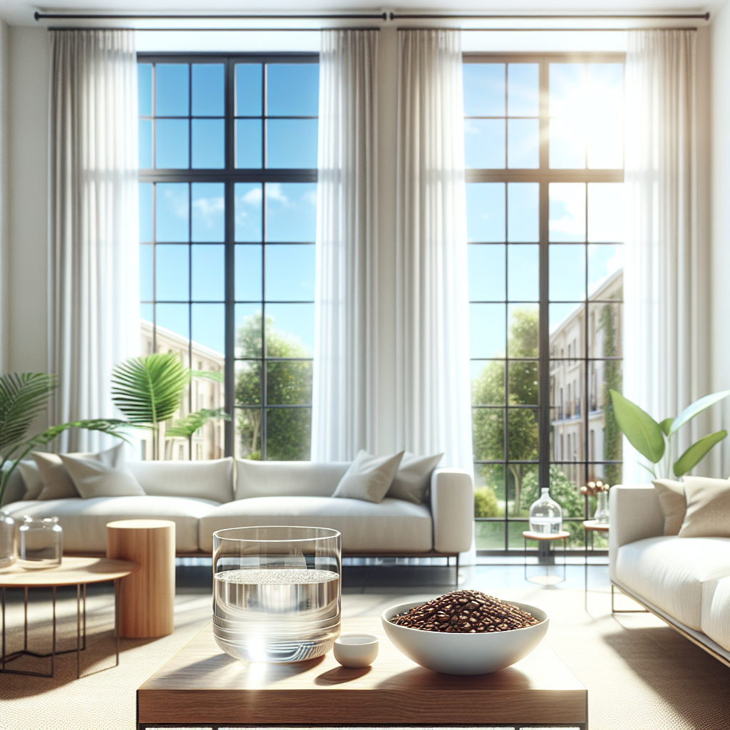 A bright and fresh apartment living room with wide-open windows allowing clear sunlight and a gentle breeze to stream in. On a coffee table, there are small, simple bowls filled with fresh coffee grounds and a clear liquid (vinegar water). The scene exudes a sense of purification, cleanliness, and the active removal of odors. Photorealistic, clean aesthetic, refreshing atmosphere.